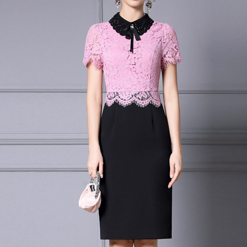 Summer Embroidered Collar Hand beaded Lace Slim Dress 7