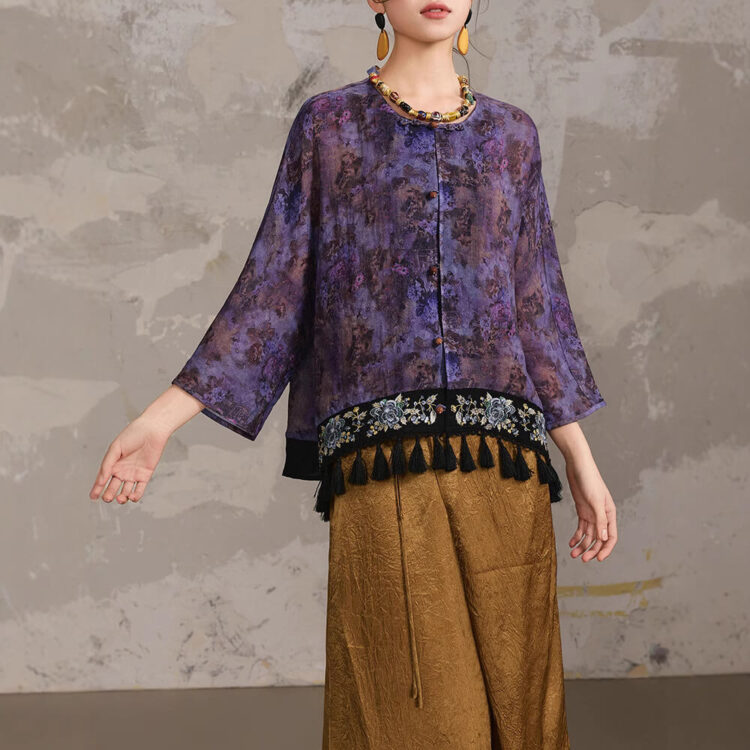 Summer Ethnic Style Heavy Embroidery Tie-dyed Eamie Purple Shirt