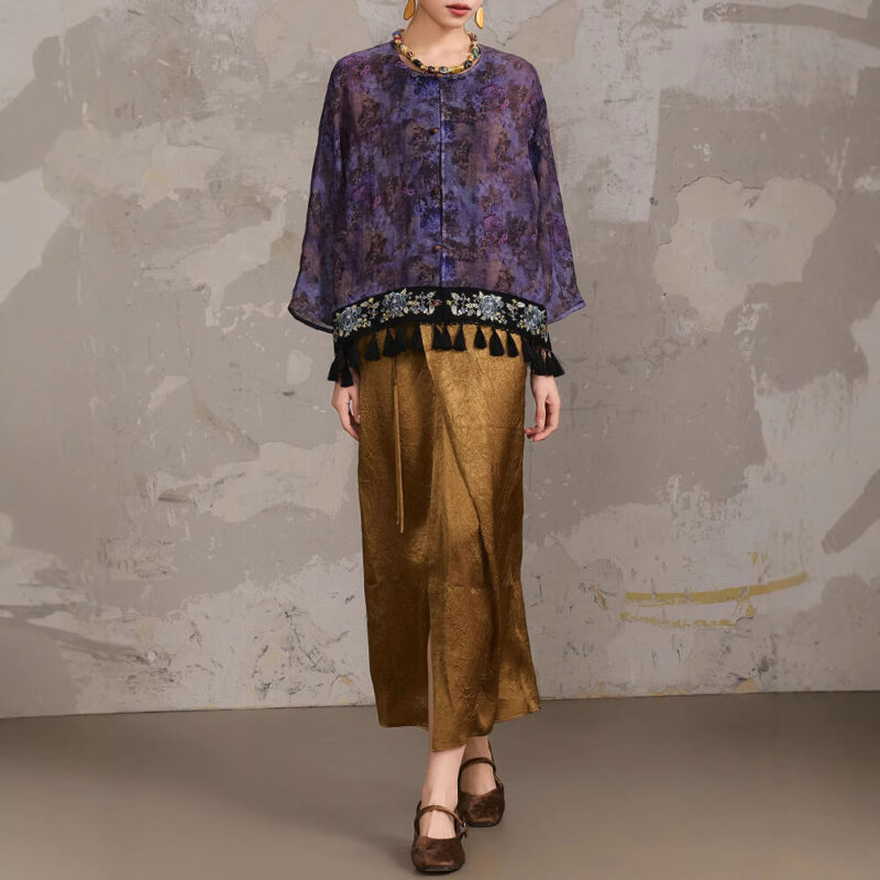 Summer Ethnic Style Heavy Embroidery Tie-dyed Eamie Purple Shirt