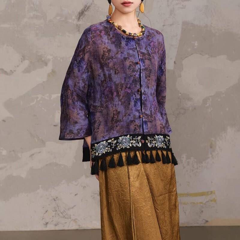 Summer Ethnic Style Heavy Embroidery Tie-dyed Eamie Purple Shirt