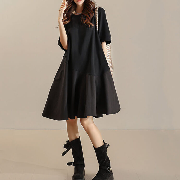 Summer Five-point Sleeve Round Neck Irregular Hem Patchwork Fabric Mid-length Dress