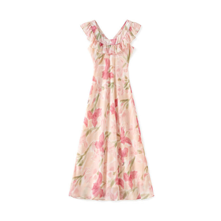 Summer French Elegant Resort Style Slim Ruffled Long Dress
