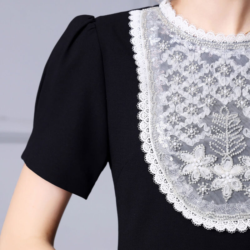 Summer French Handmade Beaded Lace Stitching A line Midi Dress 2