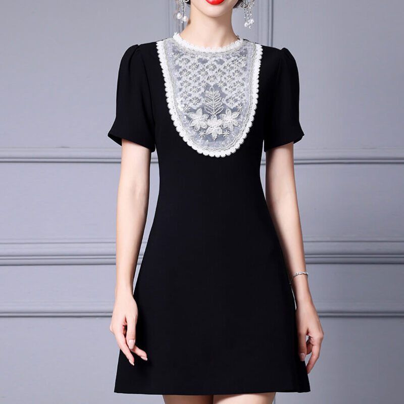 Summer French Handmade Beaded Lace Stitching A line Midi Dress 4
