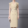 Summer French Khaki Commuter Suit Collar Pleated Midi Dress 1