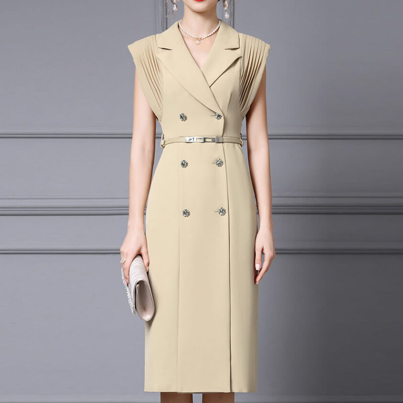 Summer French Khaki Commuter Suit Collar Pleated Midi Dress 1