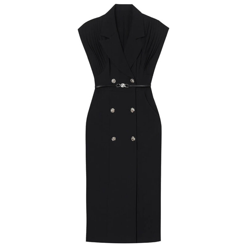 Summer French Khaki Commuter Suit Collar Pleated Midi Dress 10