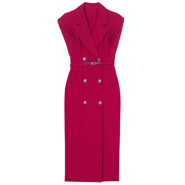 Summer French Khaki Commuter Suit Collar Pleated Midi Dress 2