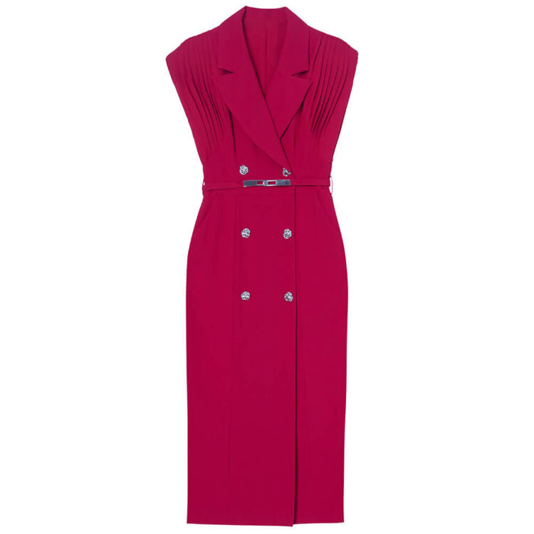 Summer French Khaki Commuter Suit Collar Pleated Midi Dress