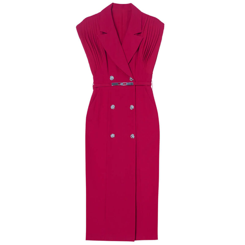 Summer French Khaki Commuter Suit Collar Pleated Midi Dress 2