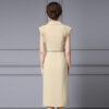 Summer French Khaki Commuter Suit Collar Pleated Midi Dress 3