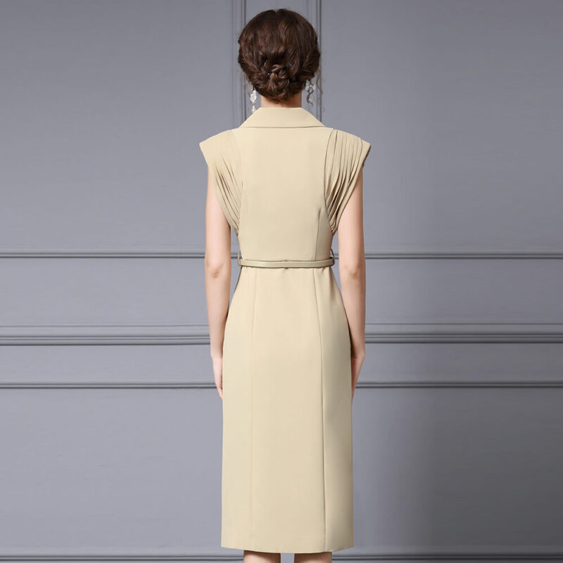 Summer French Khaki Commuter Suit Collar Pleated Midi Dress 3