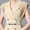 Summer French Khaki Commuter Suit Collar Pleated Midi Dress 4