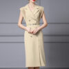 Summer French Khaki Commuter Suit Collar Pleated Midi Dress 5