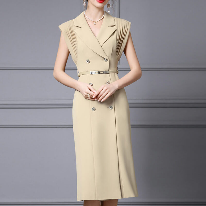 Summer French Khaki Commuter Suit Collar Pleated Midi Dress 5