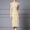 Summer French Khaki Commuter Suit Collar Pleated Midi Dress 6