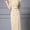 Summer French Khaki Commuter Suit Collar Pleated Midi Dress 7