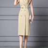 Summer French Khaki Commuter Suit Collar Pleated Midi Dress 8