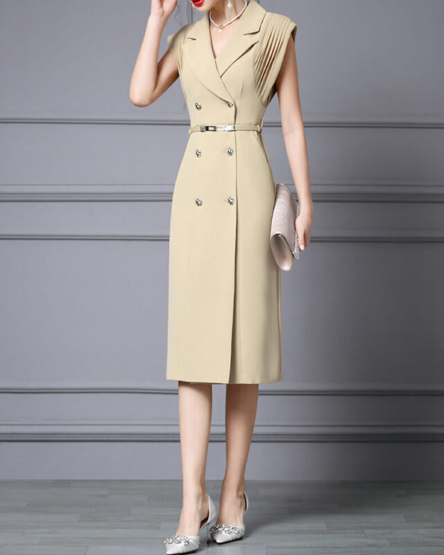 Summer French Khaki Commuter Suit Collar Pleated Midi Dress 8