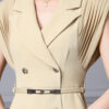 Summer French Khaki Commuter Suit Collar Pleated Midi Dress 9