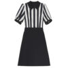 Summer French Lapel Beaded Striped Short Sleeve A Line Midi Dress 1