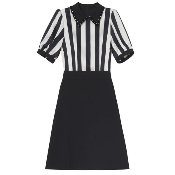 Summer French Lapel Beaded Striped Short Sleeve A Line Midi Dress 1