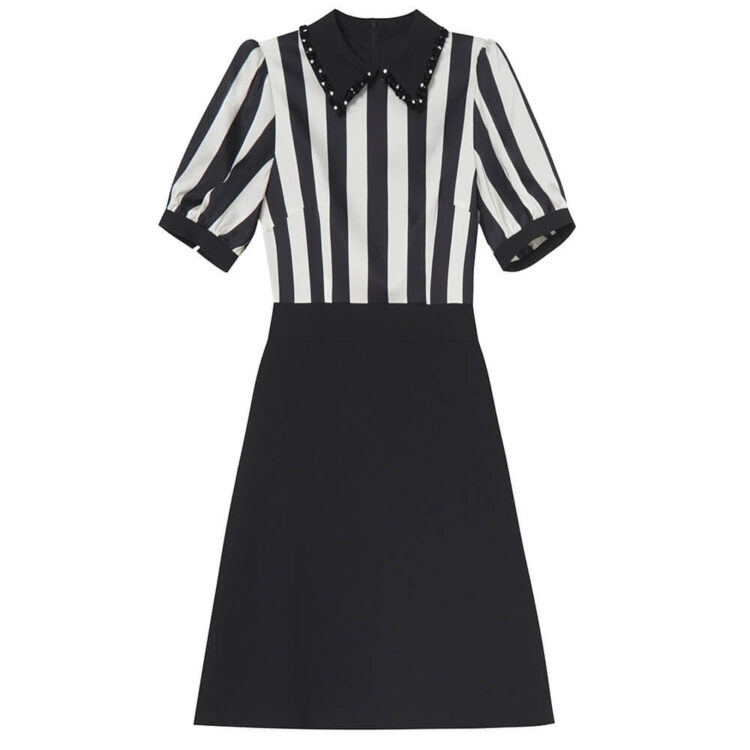Summer French Lapel Beaded Striped Short Sleeve A-Line Midi Dress