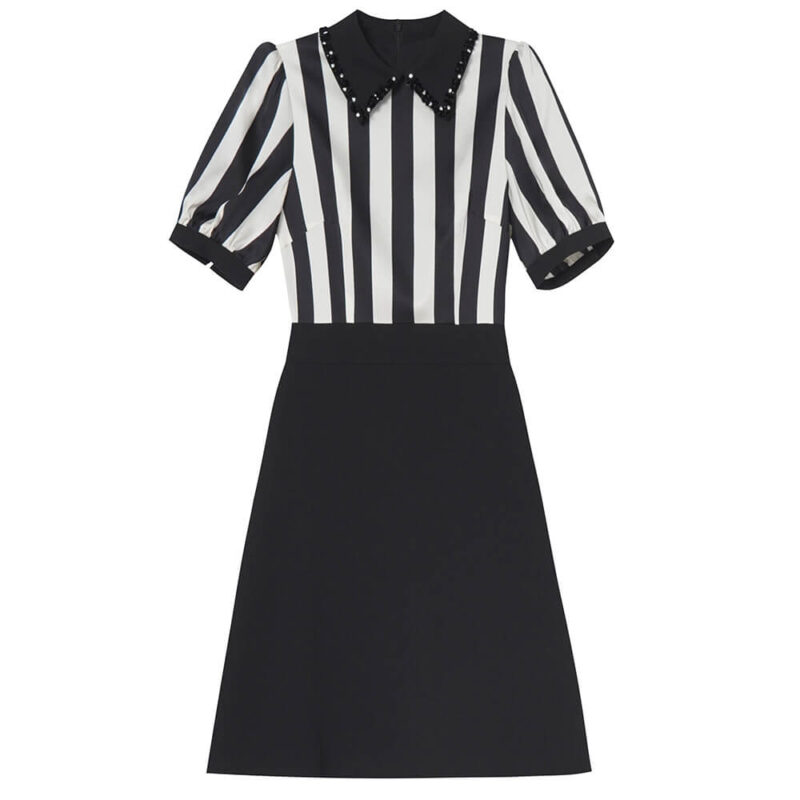 Summer French Lapel Beaded Striped Short Sleeve A Line Midi Dress 1