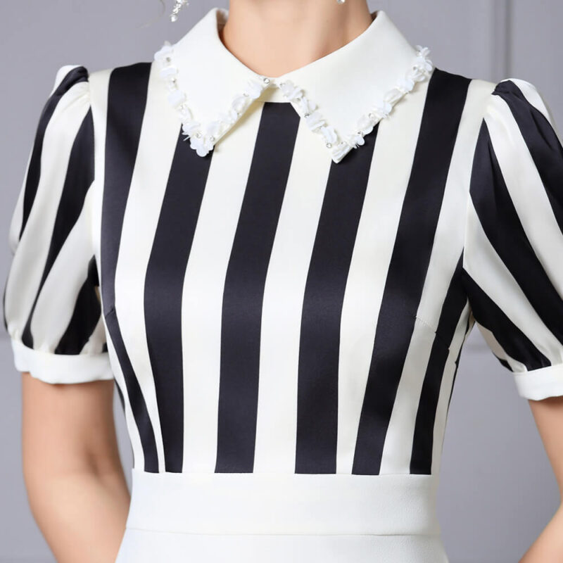 Summer French Lapel Beaded Striped Short Sleeve A Line Midi Dress 2