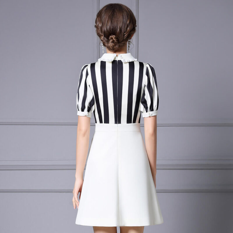 Summer French Lapel Beaded Striped Short Sleeve A Line Midi Dress 3