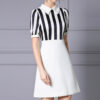 Summer French Lapel Beaded Striped Short Sleeve A Line Midi Dress 4