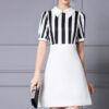 Summer French Lapel Beaded Striped Short Sleeve A Line Midi Dress 5