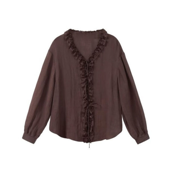 Summer French Light Sheer Ruffled V Neck Tie Shirt 1