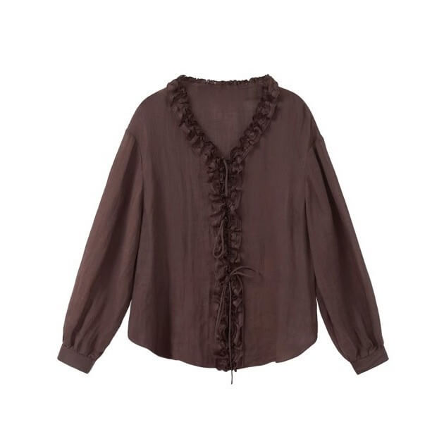 Summer French Light Sheer Ruffled V-Neck Tie Shirt
