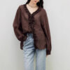 Summer French Light Sheer Ruffled V Neck Tie Shirt 4