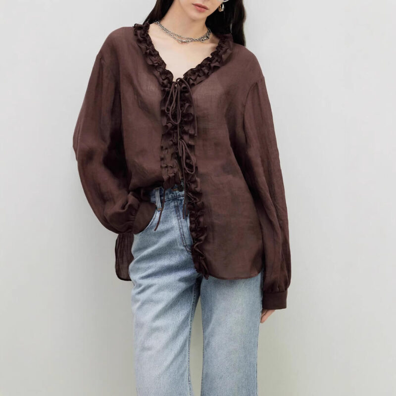 Summer French Light Sheer Ruffled V Neck Tie Shirt 4