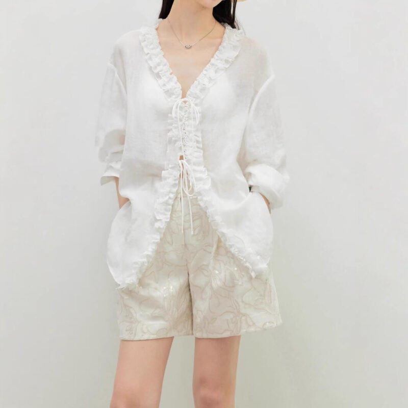 Summer French Light Sheer Ruffled V Neck Tie Shirt 5