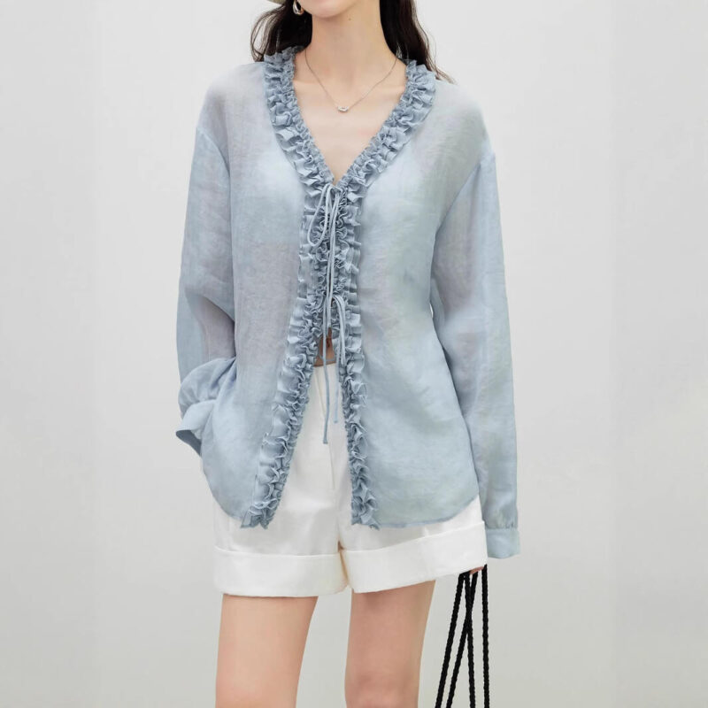 Summer French Light Sheer Ruffled V Neck Tie Shirt 6