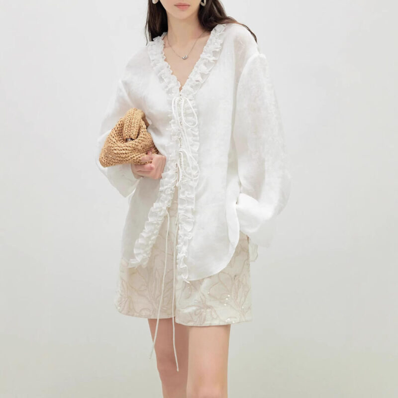 Summer French Light Sheer Ruffled V Neck Tie Shirt 7
