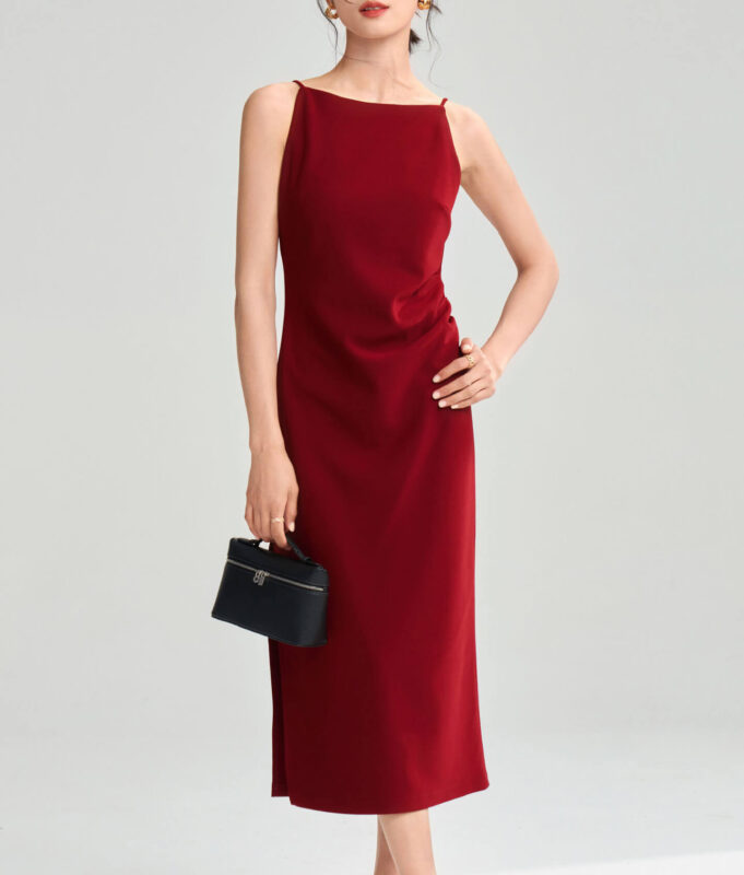 Summer French Style Three-dimensional Cutting Boat Neck Side Slit Vest Dress