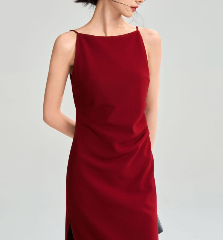 Summer French Style Three-dimensional Cutting Boat Neck Side Slit Vest Dress