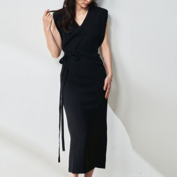 Summer French Style V-neck Minimalist Design Black Long Dress