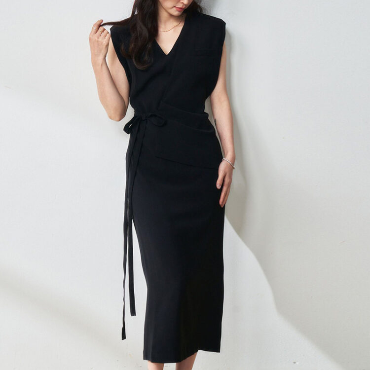 Summer French Style V-neck Minimalist Design Black Long Dress