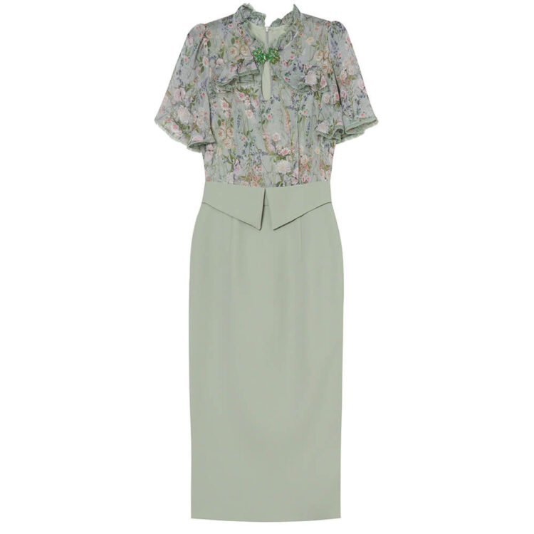 Summer Green Ruffle Collar Printed Patchwork Short-sleeved Slim Dress