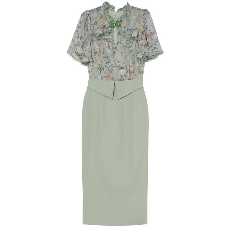Summer Green Ruffle Collar Printed Patchwork Short sleeved Slim Dress 1