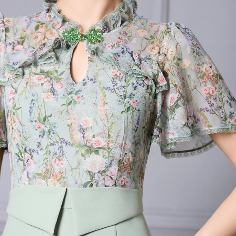 Summer Green Ruffle Collar Printed Patchwork Short sleeved Slim Dress 2
