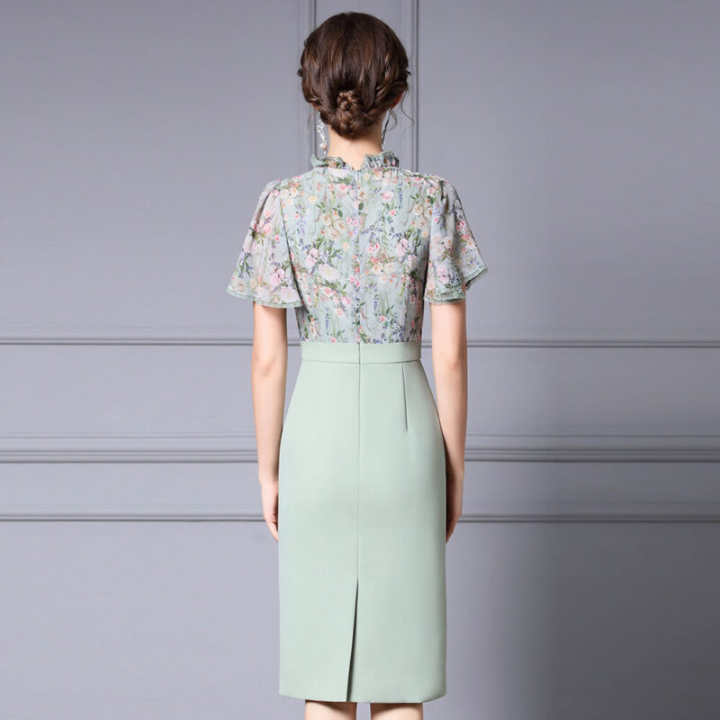 Summer Green Ruffle Collar Printed Patchwork Short sleeved Slim Dress 3