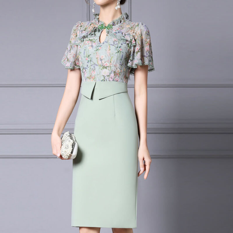 Summer Green Ruffle Collar Printed Patchwork Short sleeved Slim Dress 4