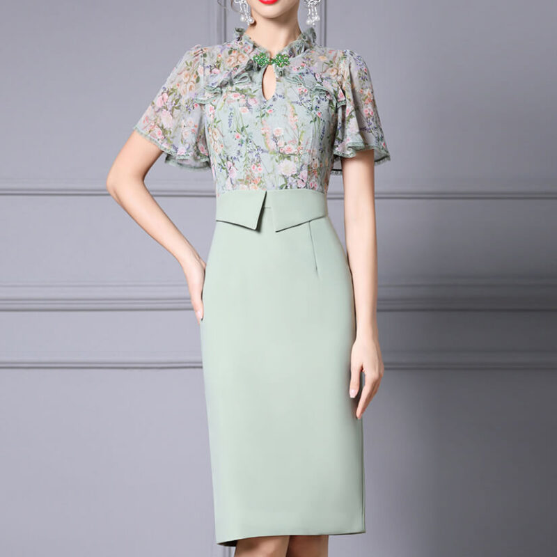 Summer Green Ruffle Collar Printed Patchwork Short sleeved Slim Dress 5