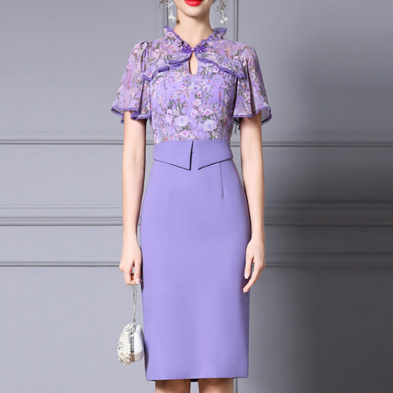 Summer Green Ruffle Collar Printed Patchwork Short sleeved Slim Dress 8